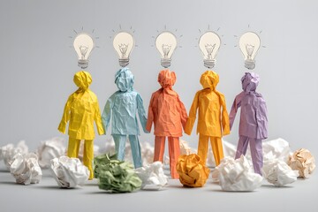 Group of colorful paper human figures and crumpled light bulbs representing a diverse team brainstorming new ideas and innovation