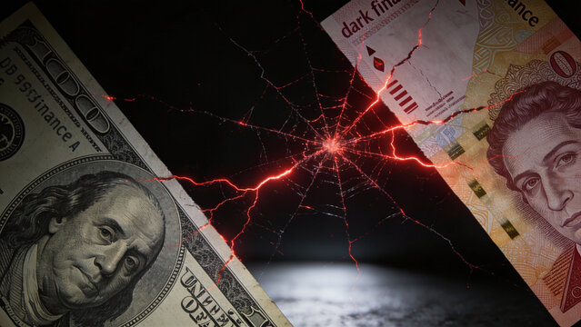 Financial Crisis and Dark Web Concept. US Dollar and illicit currency connected by a glowing red spiderweb, symbolizing cybercrime, economic warfare and market collapse.