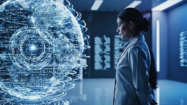 Female Scientist Observing Digital Data Globe in Laboratory, Dark Hair, White Lab Coat, Futuristic Display, Research - Powered by Adobe