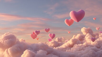 Pink heart-shaped balloons float over fluffy clouds in a pastel-colored sky