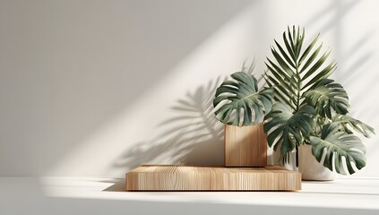 Product presentation background with a round wooden podium a minimal white wall and shadows from beautiful green tropical monstera and palm leaves