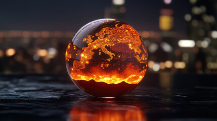 Glowing Earth Sphere with Lava Effect Against Urban Night Backdrop