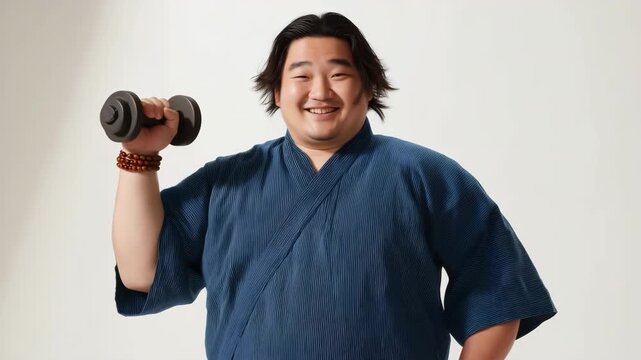男性が白背景で甚平姿で重りを掲げる