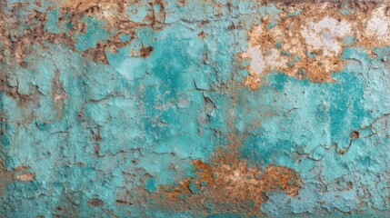 Fototapeta premium Aged turquoise and rust textured wall surface with peeling paint.
