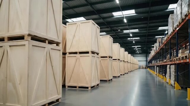 Rows of wooden crates stacked in a modern warehouse aisle. Organized Warehouse Interior with Crates and Shelving &ndash; Industrial Storage and Logistics Facility 4k video