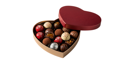 Assorted chocolates in heart-shaped box with open lid