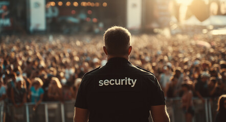 Security guard standing in front of a massive crowd at an outdoor music festival during golden hour, monitoring public safety and event security for large scale concerts