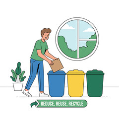 Man putting cardboard into a blue recycling bin illustration