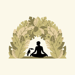 Person silhouette meditating in tropical foliage arch with toucan vector