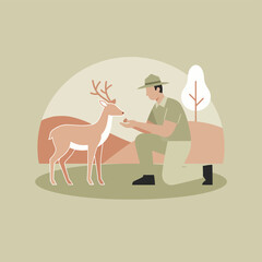 Park Ranger Kneeling and Feeding a Deer in a Nature Reserve Illustration