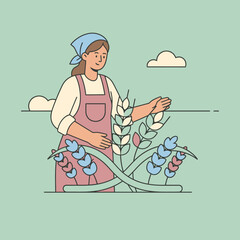 Female farmer touching wheat crop in a stylized pastel field illustration
