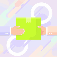 Hands exchanging green delivery package. Logistics flat vector illustration.
