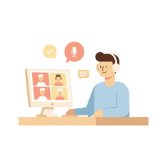 Remote worker attending a video conference using a computer and headphones