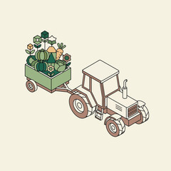 Isometric tractor pulling a trailer loaded with geometric crops