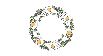 Circular Wreath of Human Hands, Animal Paws, and Green Leaves