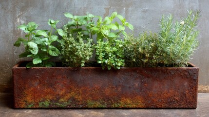 Rustic planter box with fresh herb garden against concrete wall.