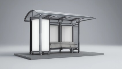 Modern bus stop with blank white poster. Close up, Mock up 3D Rendering. 3d illustration Bus stop with blank banners LED light isolated on white background