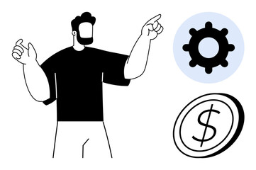 Financial planning, economic strategy, money management, business processes, efficiency, teamwork. Simplified figure gesturing at a gear and dollar symbol. Financial planning and economic strategy