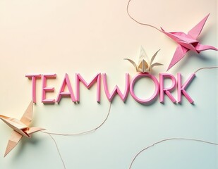 Glowing 3D letters forming the word TEAMWORK, with dynamic lighting effects symbolizing teamwork, team building, and collaborative success