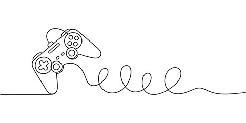 A minimalist line drawing of a video game controller with a curly cord