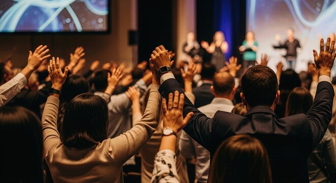 Devoted multiethnic congregation raises hands during a vibrant spiritual service, embracing collective prayer deep religious faith in a modern church denomination gathering, seeking divine connection.