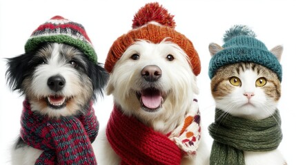 Cute pets wearing colorful winter hats and scarves.