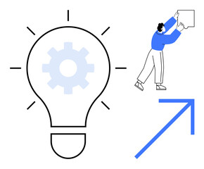 Innovation concept. Innovation ed by gear inside lightbulb and upward arrow signifies growth. Innovation fostered by collaboration and creativity. For business, technology, teamwork, leadership