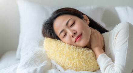 Young Asian woman sleeping peacefully on a soft yellow textured pillow in a bright bedroom, concept of healthy sleep habits and morning relaxation for wellness and self-care