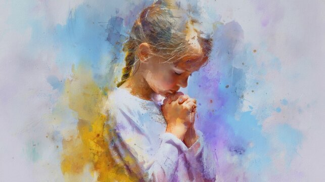 Young caucasian female child praying in watercolor art style with vibrant colors.