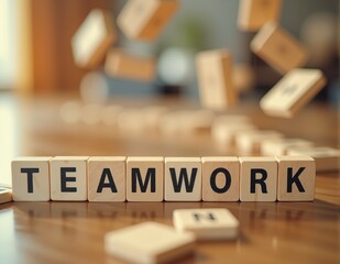 Glowing 3D letters forming the word TEAMWORK, with dynamic lighting effects symbolizing teamwork, team building, and collaborative success