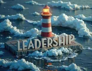 Glowing 3D letters forming the word LEADERSHIP with bold lighting effects, rendered on strong and dynamic abstract backgrounds