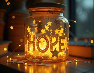 Glowing 3D letters forming the word HOPE, with radiant lighting effects symbolizing hope, hopeful visions, and inspired aspirations