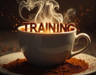 Glowing 3D letters forming the word TRAINING, with dynamic lighting effects symbolizing training, skill development, and learning progress