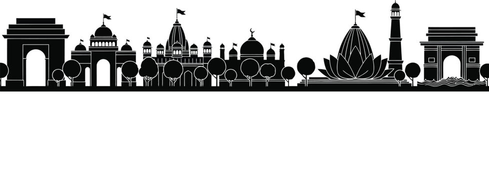 Indian monuments Delhi vector illustration.  Delhi city skyline, with several prominent Indian landmarks. New Delhi and Agra city skyline silhouette. 