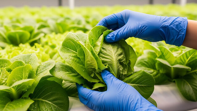Hands in blue gloves inspecting fresh green leafy vegetables in a controlled environment leafy greens