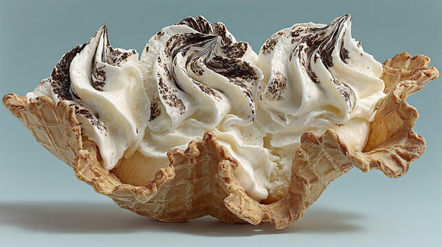 Creamy whipped topping with chocolate drizzle served in a waffle cone shell.