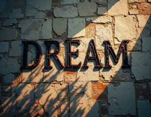 Glowing 3D letters forming the word DREAM, with ethereal lighting effects symbolizing dreams, dreaming visions, and imaginative aspirations