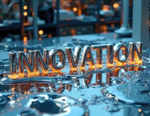 Glowing 3D letters forming the word INNOVATION, with vibrant lighting effects symbolizing innovation, innovative ideas, and creative progress