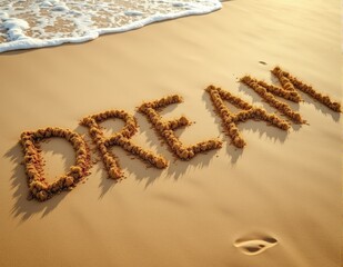 Glowing 3D letters forming the word DREAM, with ethereal lighting effects symbolizing dreams, dreaming visions, and imaginative aspirations