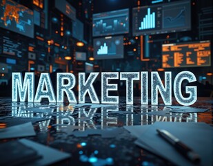 Glowing 3D letters forming the word MARKETING, with dynamic lighting effects symbolizing marketing, market strategies, and business growth