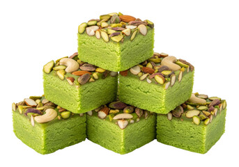 green pistachio cake cubes topped with mixed nuts - festive dessert bites