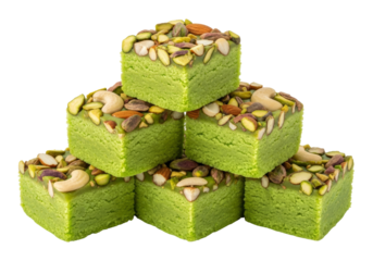 green pistachio cake cubes topped with mixed nuts - festive dessert bites