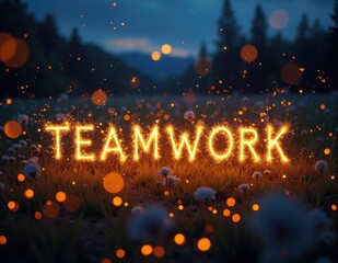 Glowing 3D letters forming the word TEAMWORK, with dynamic lighting effects symbolizing teamwork, team building, and collaborative success