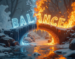 Glowing 3D letters forming the word BALANCE with smooth lighting effects, rendered on calm and symmetrical abstract backgrounds
