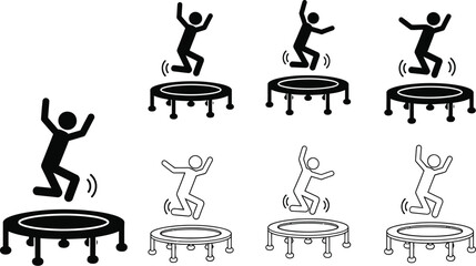 Playday trampoline exercise icon set.  People jumping on trampolines. Man jumping from a trampoline. Jumping jacks trampoline vector illustration silhouette. 