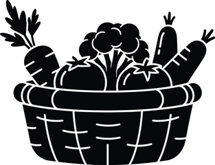 Vegetables basket vector. Basket overflowing with fresh vegetables silhouette icon. 