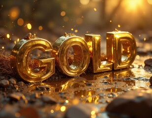 Glowing 3D letters forming the word GOLD, with radiant lighting effects symbolizing gold, golden value, and precious luxury concepts