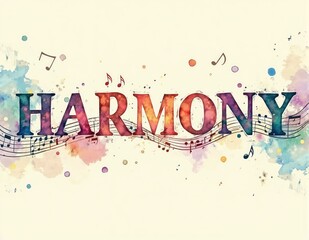 Glowing 3D letters forming the word HARMONY with soft lighting effects, rendered on calm and balanced abstract backgrounds