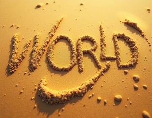 Glowing 3D letters forming the word WORLD, with vibrant lighting effects symbolizing the world, global connections, and universal concepts