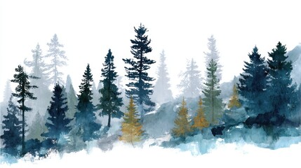 Obraz premium Watercolor pine forest landscape with misty mountains and autumn foliage.